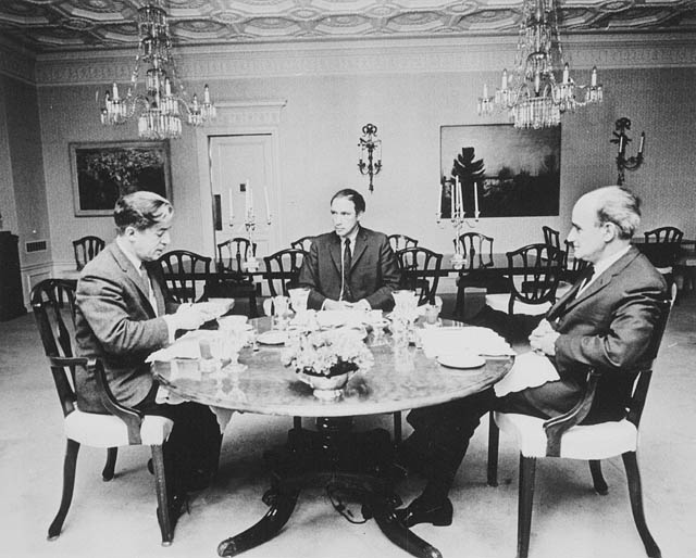 Hon. Jean Marchand, Rt. Hon. Pierre Trudeau and Hon. Gerard Pelletier sitting down to luncheon at 24 Sussex Drive